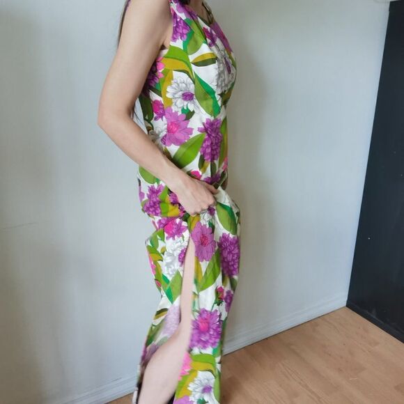 Vibrant Floral Slit Side Tropical Print Vintage Maxi Dress 70s 60s Vintage Peony - Picture 6 of 10